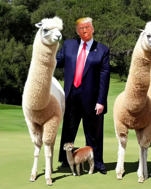 Prompt: wide shot of donald trump at one of his golf courses, with an alpaca caddy. photorealistic