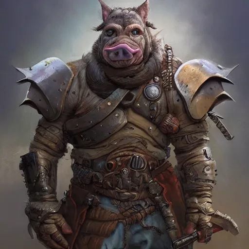 Prompt: a detailed portrait of a post - apocalyptic warrior pig dressed with a metal armor, by justin gerard and greg rutkowski, digital art, realistic painting, dnd, character design, trending on artstation