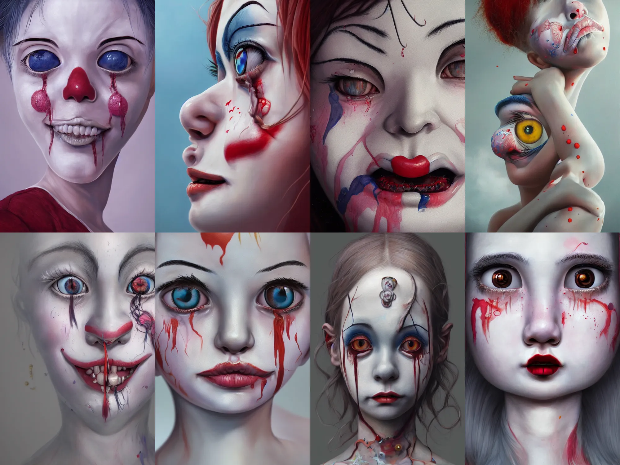 Image similar to detailed painting of clown girl crying, piercing eyes, james jean, miho hirano, hyperrealistic, octane render, ambient light, dynamic lighting