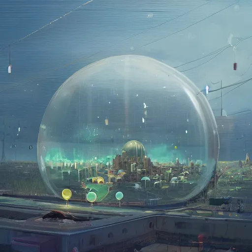 Image similar to A city trapped in a giant transparent dome, bubbles, cinematic lighting, insanely detailed, intricate, artstation, cgsociety, painted by Simon Stalenhag, concept art, illustration, sharp focus,