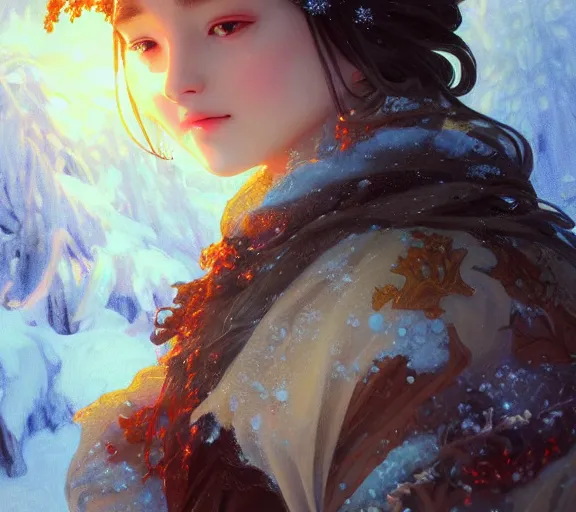Image similar to beautiful ancient frost witch, fire in eye, snow glow, pool party, highly detailed, digital painting, artstation, sharp focus, illustration, art by tan zi and ayanamikodon and alphonse mucha and wlop