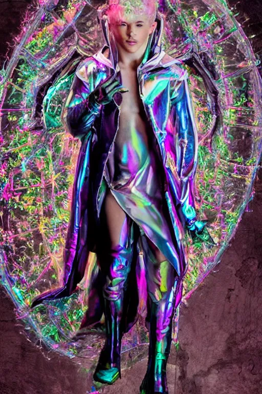 Prompt: full-body rococo and cyberpunk delicate neon crystalline sculpture of ((muscular slender albino prince Nick Jonas)) (((con la piroca dura))) as an iridescent humanoid deity wearing a thin see-through ((plastic hooded cloak)) sim roupa (holding a human skull), reclining con (((las piernas abiertas))), glowing pink face, crown of (white lasers), large diamonds, swirling black silk fabric. futuristic elements. oozing glowing liquid, full-length view. space robots. intricate artwork by caravaggio. Trending on artstation, octane render, cinematic lighting from the right, hyper realism, octane render, 8k, depth of field, 3D