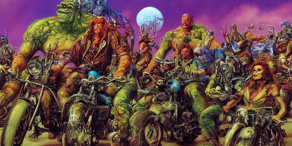 Image similar to psychedelic post apocalyptic orcish biker gang, sharp focus, psychedelic colors, boris vallejo, michael whelan, 8 k, elegant, intricate