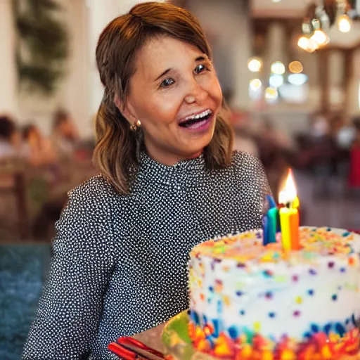 Prompt: close - up beautiful woman sitting in front of a table staring at her birthday cake.