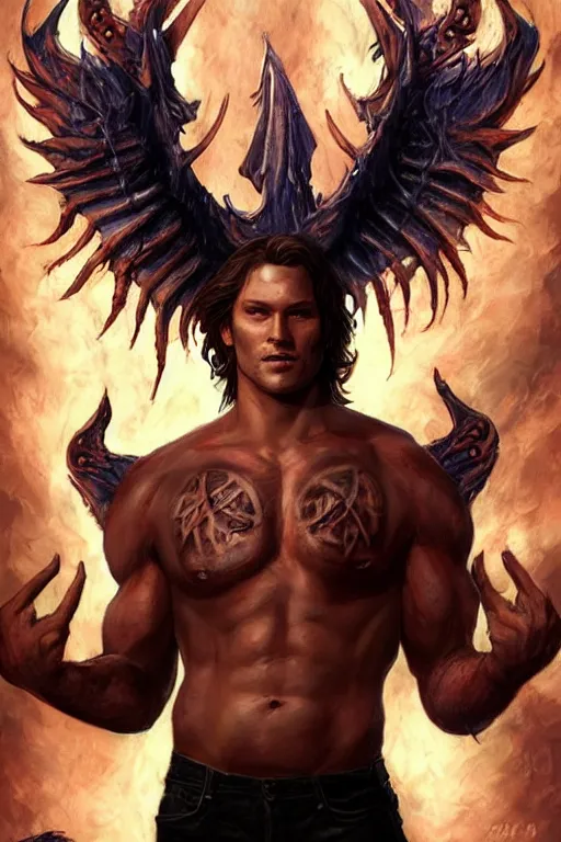 Image similar to front portrait of attractive sam winchester as a belcebu with demon wings wide open, clothes torn apart, muscular chest tattooed with runes and symbols, d & d!, fantasy style, sharp focus!, ultra detailed, art by artgerm and peter andrew jones, wlop