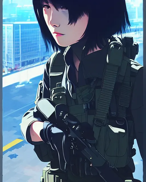 Image similar to girl wearing tactical gear | | very very anime!!!, fine - face, audrey plaza, realistic shaded perfect face, fine details. anime. realistic shaded lighting poster by ilya kuvshinov katsuhiro otomo ghost - in - the - shell, magali villeneuve, artgerm, jeremy lipkin and michael garmash and rob rey