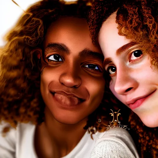 Image similar to intricate beautiful hyperreal portrait of a hermione granger and hermione granger, smiling softly, casual clothes, relaxing on the couch, home interior, golden hour, close up shot, 8 k, art by irakli nadar, hyperrealism, hyperdetailed, ultra realistic