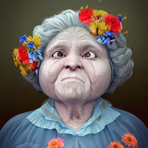 Image similar to of a very funny ambient occlusion render.. a sweet fat old woman is in love with her self. flowery dress. symmetrical face, red mouth, blue eyes. deep focus, lovely scene. ambient occlusion render. concept art. unreal engine. pencil and ink. goya painting style.