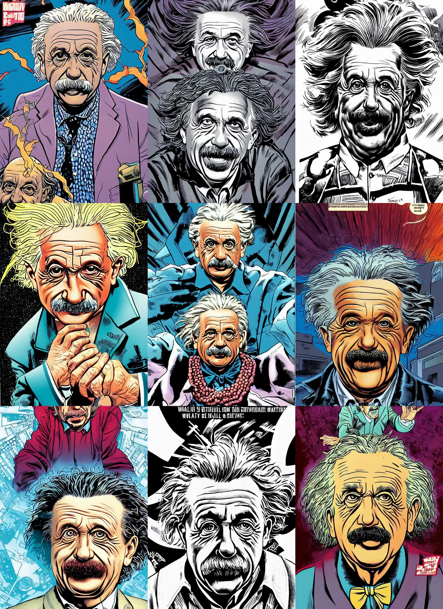 Prompt: dynamic macro head portrait of albert einstein evil scientist by cory walker and ryan ottley and jack kirby and barry windsor - smith, comic, illustration, photo real