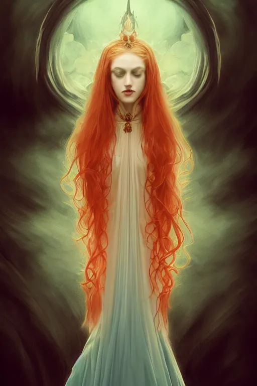 Image similar to portrait of a vampire , dark fantasy, gradient white cyan, dreamy and ethereal, orange eyes, ghost, golden ratio, peaceful expression, ornate frilly dress, fantasy, intricate, elegant, rainbow spikes, highly detailed, digital painting, artstation, concept art, smooth,b sharp focus, illustration, art by artgerm and greg rutkowski and alphonse mucha