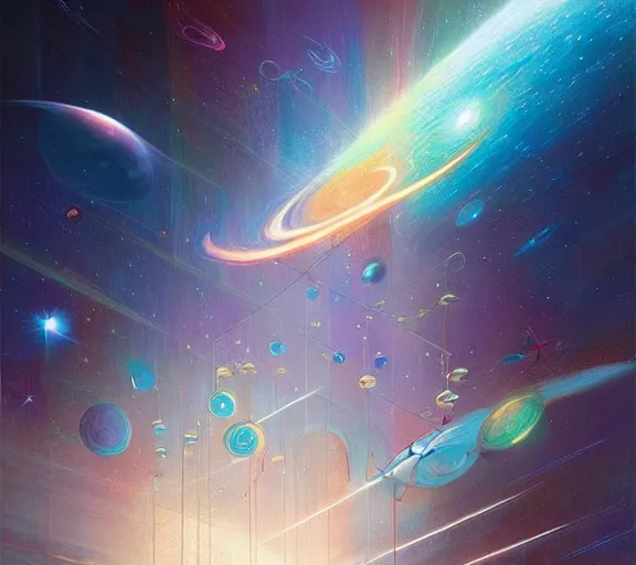 Prompt: harmony of planet earth, light language, star seeds flying towards earth, rainbow line - art, nebula, by wlop, james jean, victo ngai! muted colors, highly detailed, fantasy art by craig mullins, thomas kinkade