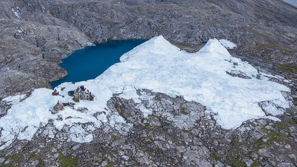 Prompt: A castle in the middle of a mountain greenland. Shot from a birds eye camera angle.