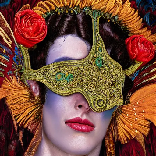 Prompt: a baroque neoclassicist close - up renaissance portrait of a carnivale eyemask made from flowers, reflective detailed textures, highly detailed fantasy science fiction painting by moebius, norman rockwell, frank frazetta, and syd mead and tino rodriguez. art deco shaman. rich colors, high contrast. artstation