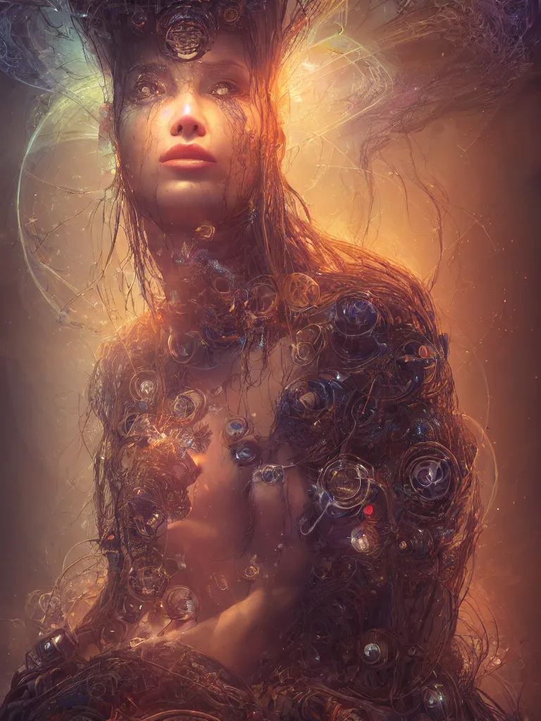 Image similar to an ancient mystical alluring female shaman generating flowing energy and surrounded by wisps of incense smoke sits meditating in a magical cybernetic robot temple, face face face, by karol bak, 3 d, cinema 4 d render, trending on artstation