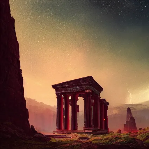 Image similar to red ancient temple, green hills, star trails, dramatic lighting, artstation, matte painting, caspar david friedrich, simon stalenhag