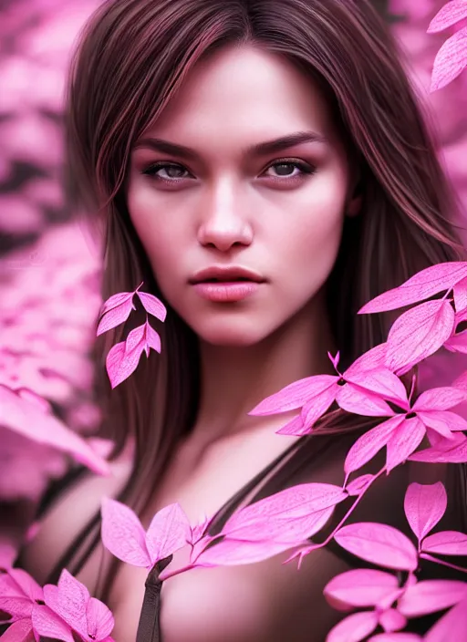 Image similar to photo of a gorgeous female in the style of stefan kostic, realistic, half body shot, sharp focus, 8 k high definition, insanely detailed, intricate, elegant, art by stanley lau and artgerm, extreme bokeh light pink foliage