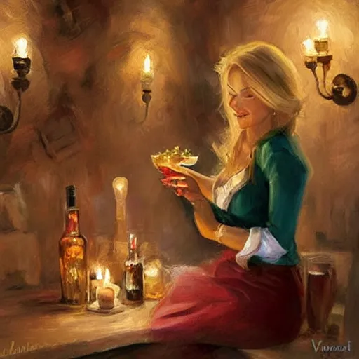 Prompt: wine cellar full of food, torches on the wall, schnapps!, romantic, inviting, cozy, blonde woman, painting Vladimir Volegov