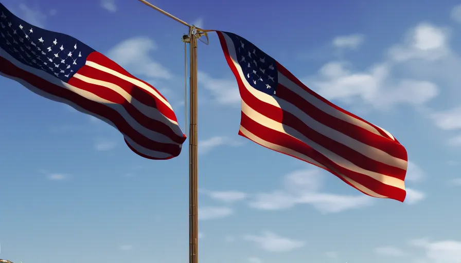 Image similar to us flag on pole flying in the wind in destroyed washington dc city, sunny day, hyperdetailed, artstation, cgsociety, 8 k