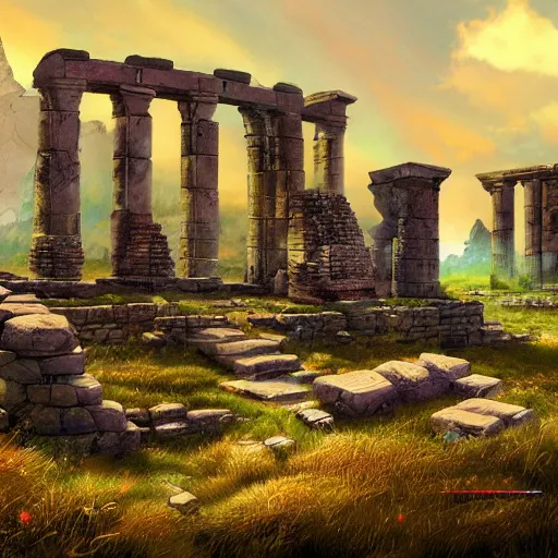 Image similar to ancient ruins in the tundra, retrowave epic art, trending on art station