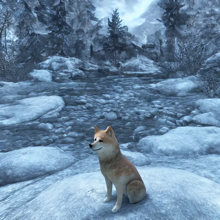 Prompt: an ancient and weathered stone shiba inu statue beside a frozen stream, underneath a nordic arch, skyrim pc screenshot
