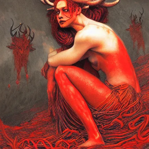 Image similar to a masterpiece! photographic portrait of a scarlet - colored beast with seven ( 7 ) heads and ten ( 1 0 ) horns by gustave dore and stephen hickman and allen williams, trending on artstation, cgsociety, 8 k hd, earthtone colors, a cloaked woman riding the back of the beast