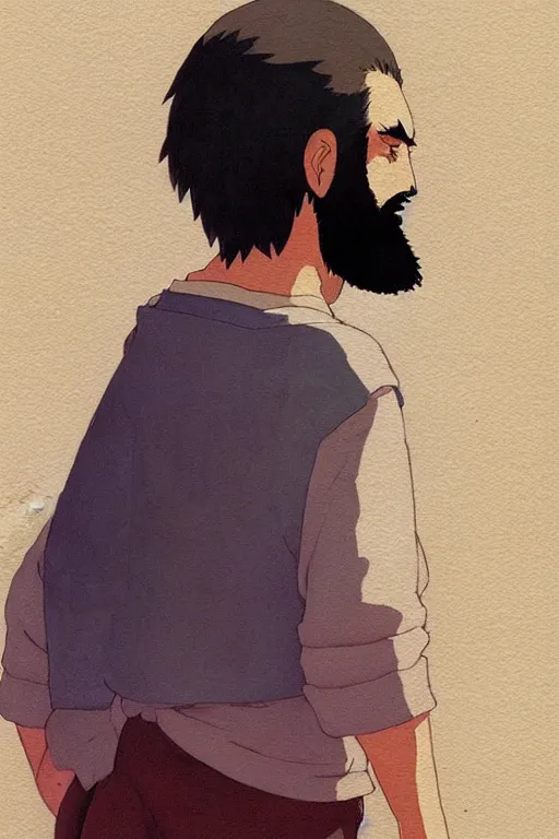 Image similar to a colorful portrait of a long bearded student rear view, morning, by studio ghibli painting, superior quality, masterpiece, traditional Japanese colors, by Grzegorz Rutkowski, concept art