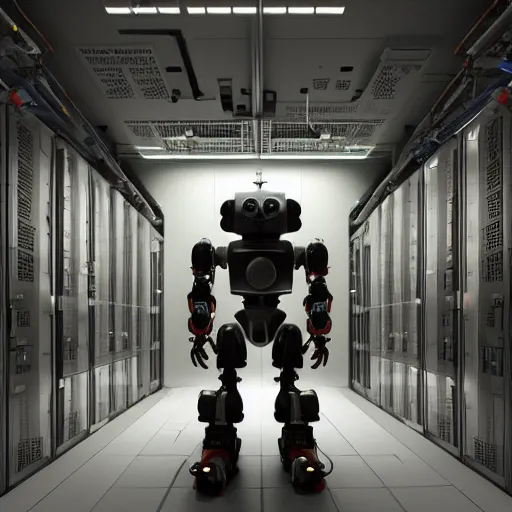 Image similar to a digital art of robot power armor in server room by simon stalenhag character design, robot in data center, trending on artstation, 8 k, ultra wide angle, zenith view, pincushion lens effect