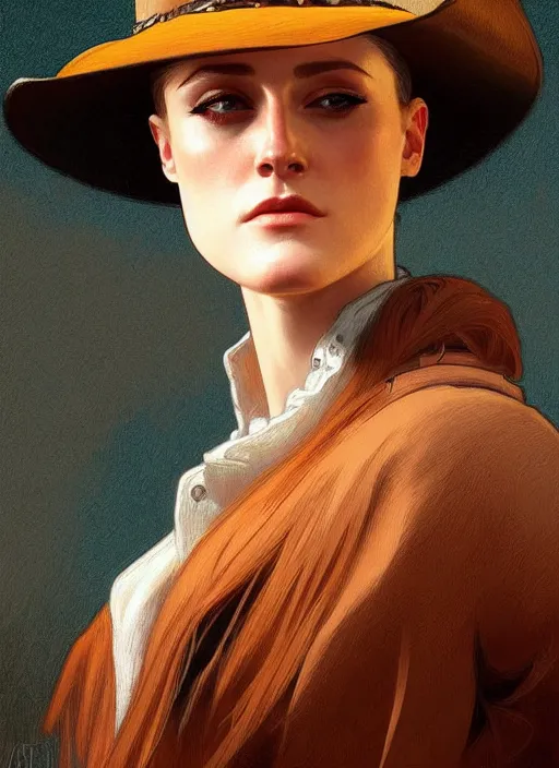 Image similar to portrait of evan rachel wood as a cowboy, 1 8 9 0, western, hat, colt, intricate, headshot, highly detailed, digital painting, artstation, concept art, sharp focus, cinematic lighting, illustration, art by artgerm and greg rutkowski, alphonse mucha, cgsociety