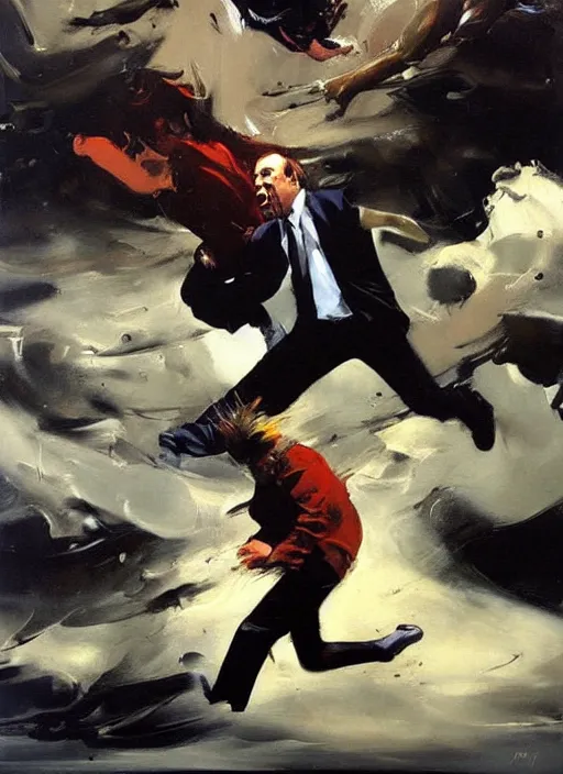 Prompt: slipping, saul goodman, screaming, slipping and flying, falling, flailing painting by phil hale, fransico goya,'action lines '!!!, graphic style, visible brushstrokes, motion blur, blurry