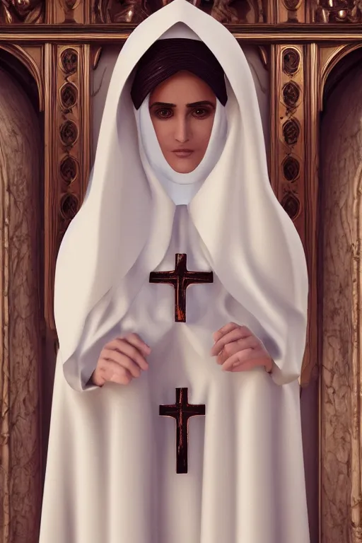 Image similar to salma hayek dressed as a nun, big slightly open bust, church interior, highly detailed, wide shot, intricate, cute, mystical, sharp focus, Trending on Artstation HQ, deviantart, unreal engine 5, 4K UHD image