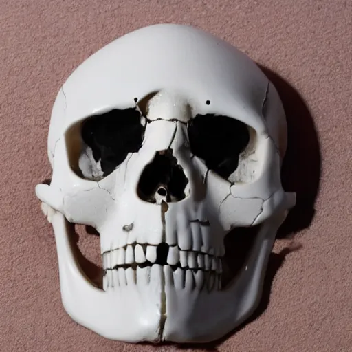 Prompt: real human skull with circular orange electronic led eyes in eye holes