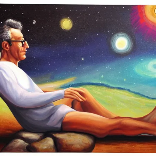 Image similar to painting of a peaceful man relaxing in the cosmos by David Normal, David Normal,