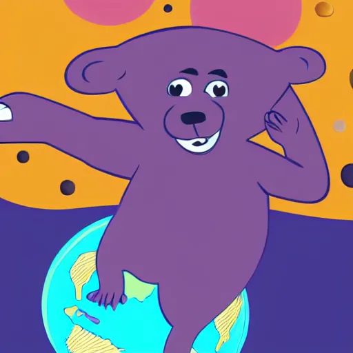 Image similar to cartoon illustration of a bear mascot being launched from a futuristic marble planet, purple and orange cloudland