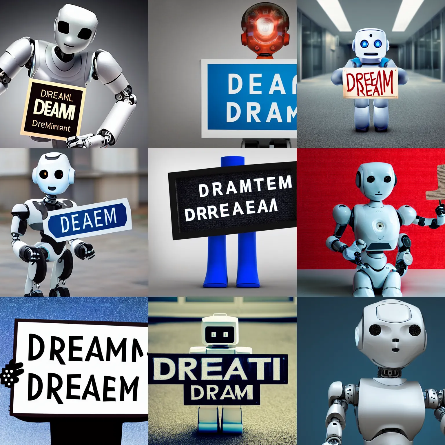 Image similar to artificial intelligence robot holding a sign with text that reads : dream