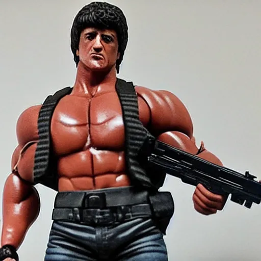 Image similar to advertising print 12 inch full body lifelike action figure of Sylvester Stallone as Rambo. Big muscles. Holding a fully automatic rifle