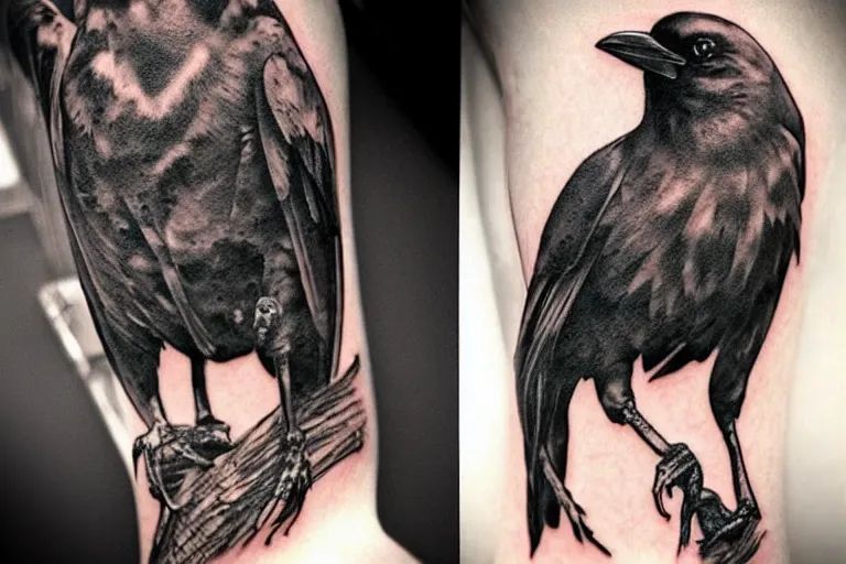 Prompt: highly detailed tattoo of a crow man