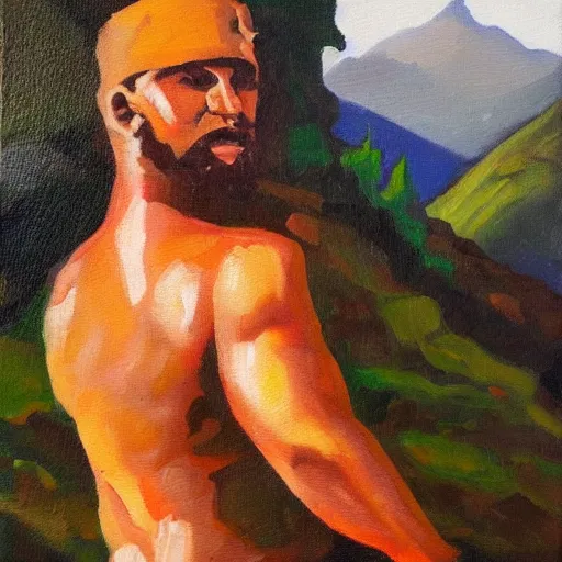 Image similar to “buff guy on mountain oil on canvas”