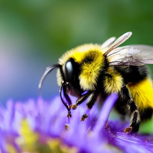 Image similar to bumblebee on flower macro shot, real photo, photography, bokeh, ultra detailed