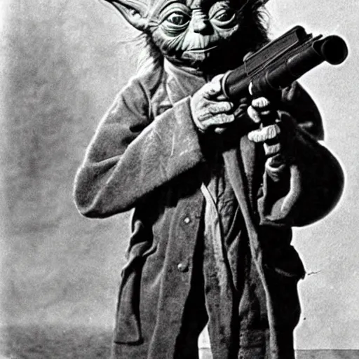 Image similar to old wartime photograph of yoda from star wars holding a lewis gun, 1 9 1 7
