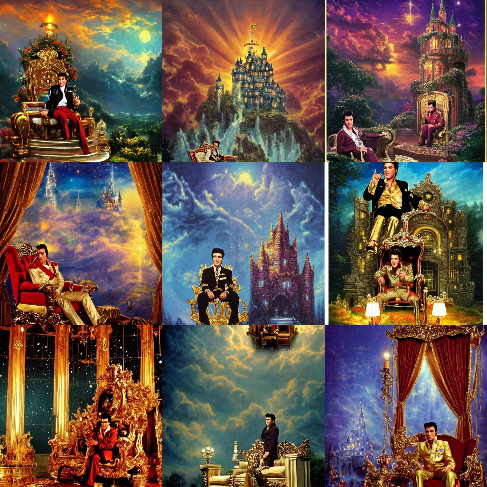 Prompt: elvis as the king of the world, sitting on his throne in his castle, atmospheric lighting, nice composition, art inspired by thomas kinkade