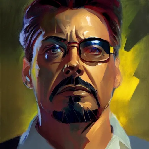 Prompt: greg manchess portrait painting of tony stark in a golden frame, medium shot, asymmetrical, profile picture, organic painting, sunny day, matte painting, bold shapes, hard edges, street art, trending on artstation, by huang guangjian and gil elvgren and sachin teng