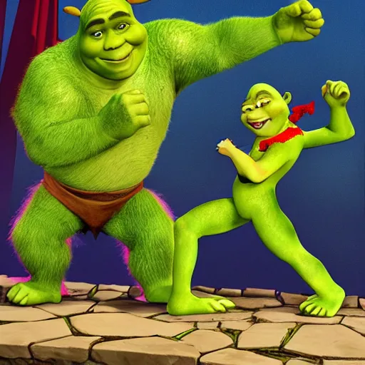 Image similar to photo of shrek fighting lucifer