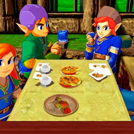 Image similar to king of hyrule eating dinner in the style of [ [ [ zelda ] ] ] cdi