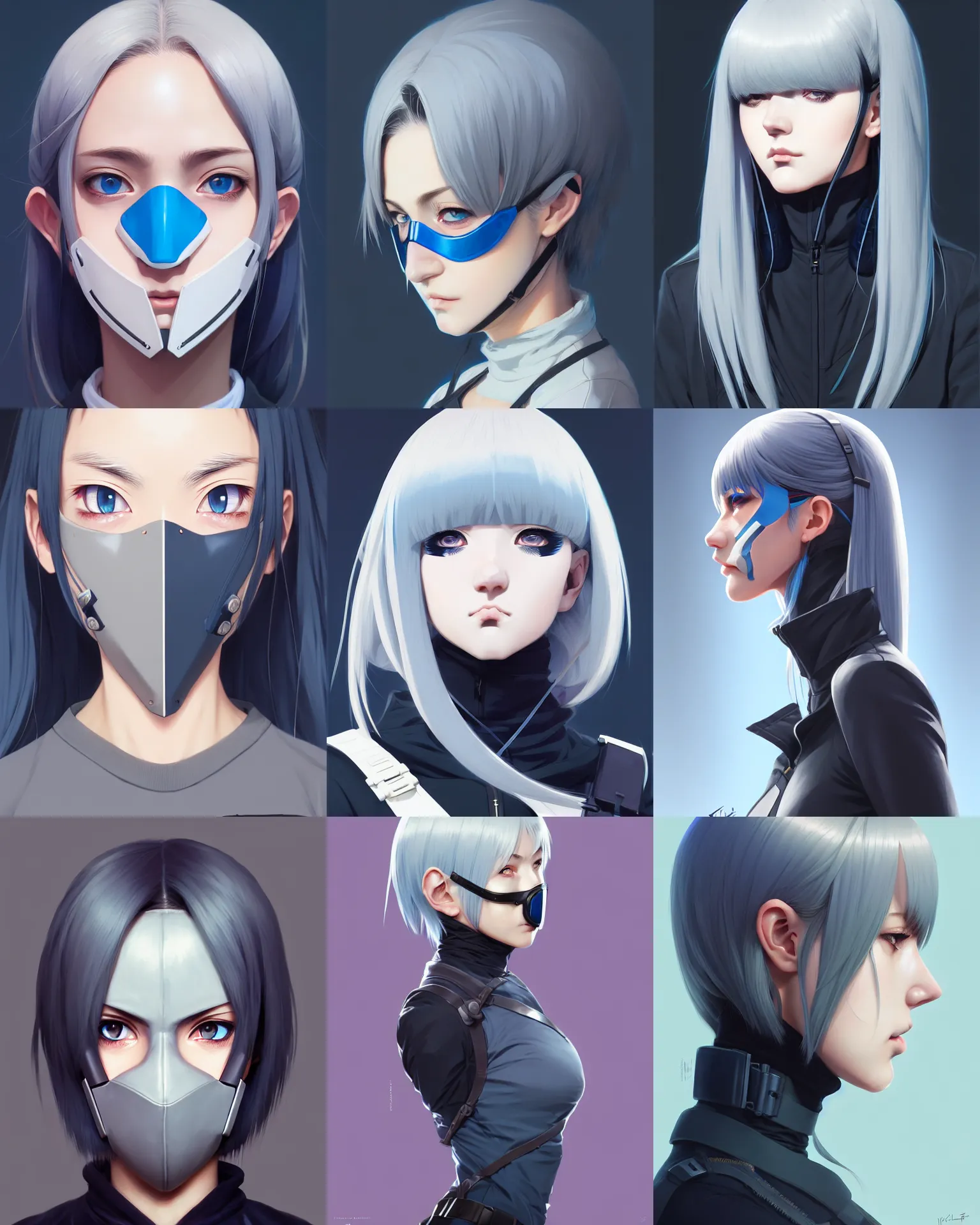 Prompt: profile of girl wearing tactical mask covering lower half face, grey hair, blue eye. anime, symmetry face, fine details. realistic shaded lighting, by ilya kuvshinov, morearea, kidmo, trending on artstation, magali villeneuve, artgerm, jeremy lipkin, caidychen, tomoyuki yamasaki