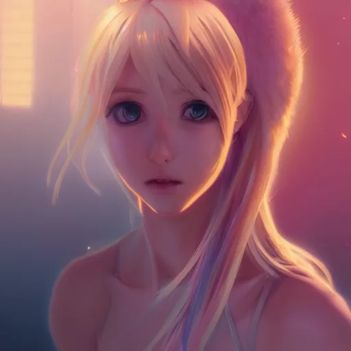 Prompt: portrait of a blonde anime girl which looking to the left side, volumetric lighting, glowing lights, 4k, octane, digital painting, artstation, concept art, sharp focus, illustration, art by artgerm and greg rutkowski and alphonse mucha
