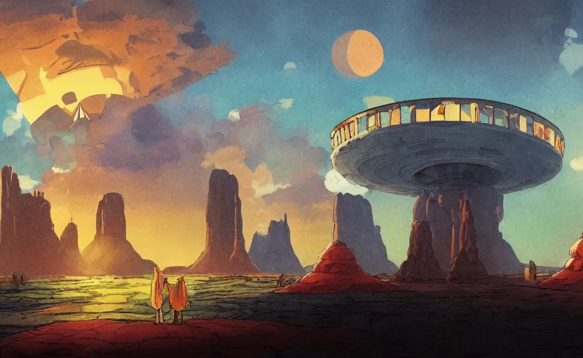 Image similar to a realistic cell - shaded studio ghibli concept art from paprika ( 2 0 0 6 ) of a cubic multi - colored rocketship from close encounters of the third kind ( 1 9 7 7 ) in a flooded monument valley stonehenge jungle jungle on a misty starry night. a camel caravan is in the foreground. very dull colors, portal, hd, 4 k, hq