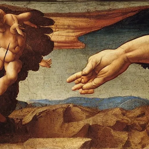 Image similar to the creation of adam by leonardo davinci