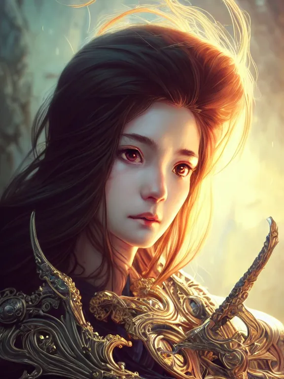 Image similar to close up picture of a female warden of time, bored, coveted, beautiful and aesthetic, intricate, unreal engine, messy hair, highly detailed, detailed face, smooth, sharp focus, chiaroscuro, manga illustration, artgerm, greg rutkowski, ilya kuvshinov, rossdraws, alphonse mucha, young adult light novel cover art