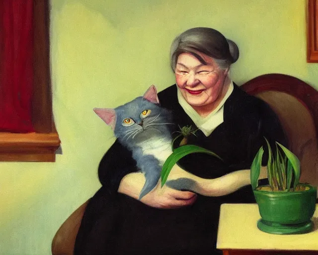 Image similar to detailed portrait of a happy old lady and her plant cat , Edward Hopper, sharp high quality