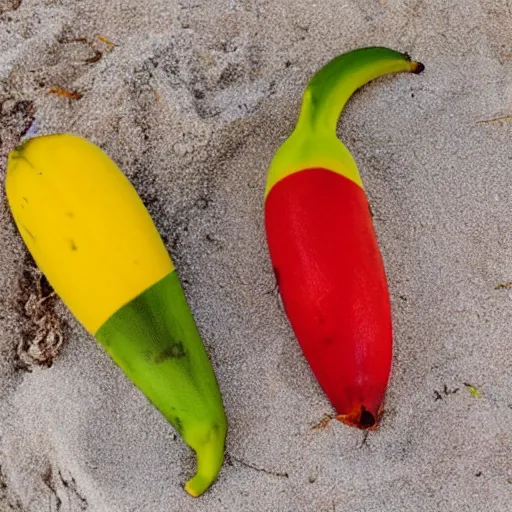 Image similar to red orange kissing green banana on a beach in new mixico